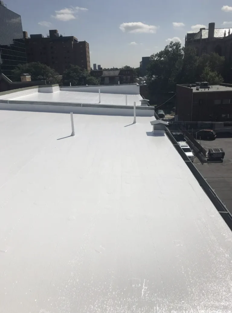 Coated white flat roof edge with city buildings in the background
