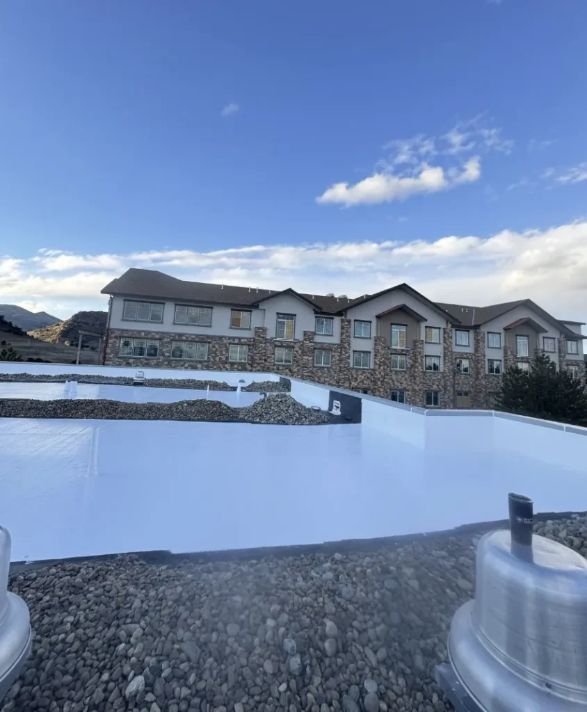 Freshly coated white flat roof edge next to an apartment building