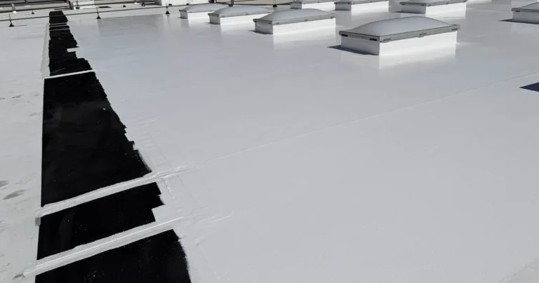 Large commercial flat roof partly coated white with skylights, showing coating progress