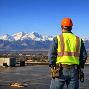 Roof inspector in a hard hat and safety vest on a commercial flat roof facing the Colorado Rocky Mountains