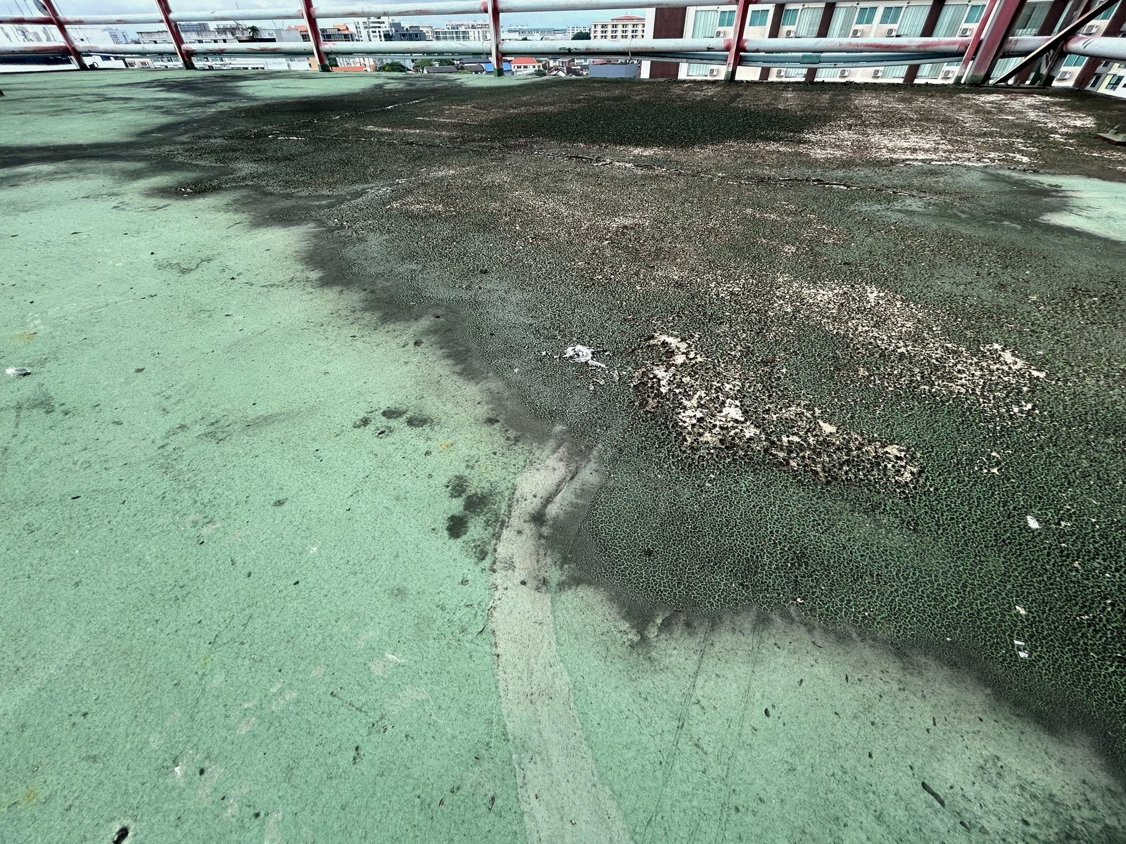 Blisters on an aging flat roof caused by trapped moisture